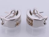 pair of silver earrings with diamonds on white background