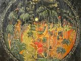 une image représentant une peinture sur un fond noir, avec une représentation d'un village