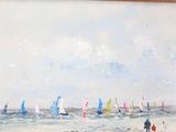 a painting of a group of sailboats on the water