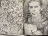 a drawing of a woman holding a book in her hand