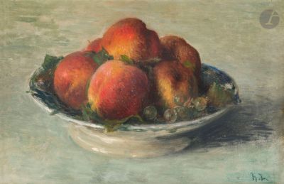un tableau représentant un bol de pêches posé sur une table