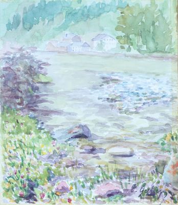 l'image d'une peinture représentant une rivière avec une maison à l'arrière-plan
