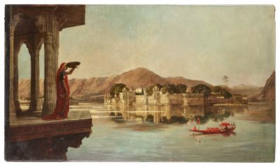 une image représentant un tableau où l'on voit une femme en robe rouge au bord d'un lac