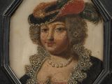 painting of a woman in a red hat with a feathered hat