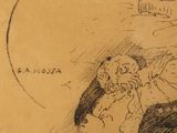 a drawing of a man laying on a bed with a dog