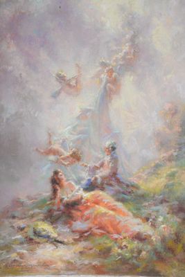 a painting of a woman sitting on top of a hill next to a tree