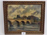 une peinture à l'huile représentant un pont sur une rivière avec des bâtiments à l'arrière-plan