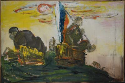 a painting of a man on a boat in the water