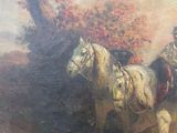 painting of two men riding horses in a wooded setting