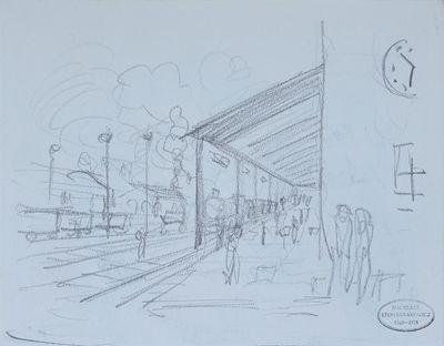 dessin représentant une gare où des gens attendent le train