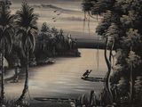 une peinture représentant un homme sur un bateau dans l'eau