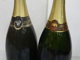 two bottles of champagne sitting next to each other on a table