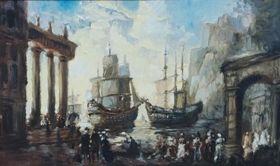 un tableau représentant un groupe de personnes debout devant un bateau