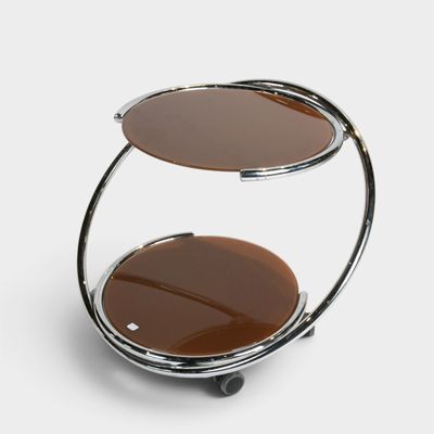 two tiered chrome and glass side table on wheels