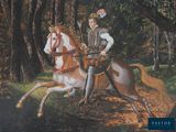 a painting of a man riding a horse in the woods