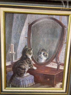 tableau représentant un chat assis sur un tabouret, regardant son reflet dans un miroir