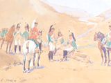 une peinture représentant un groupe de personnes à cheval