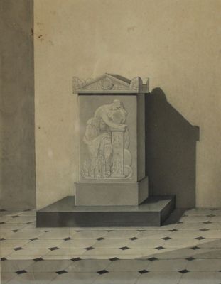 une vieille photo d'une statue dans une pièce au sol en damier