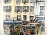 un dessin représentant un étal de fleurs devant un immeuble