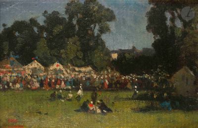 tableau représentant une foule de personnes assises dans un champ, avec des tentes en arrière-plan