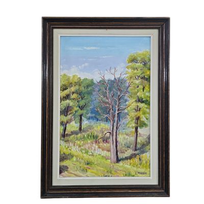 un tableau représentant des arbres dans un champ, avec un ciel bleu en arrière-plan