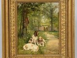 un tableau représentant deux chiens couchés par terre près d'un arbre