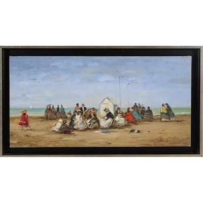 painting of a group of people on a beach with a horse and carriage in the foreground