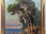 an image of a painting of a tree on a cliff by the water