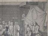 a drawing of a group of people in a room with candles