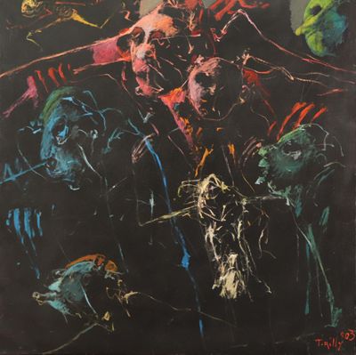 a painting of a group of people standing in front of a black background