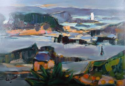 une peinture à l'huile d'un paysage avec une montagne en arrière-plan