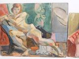 painting of a woman sitting in a chair next to a painting of a man
