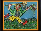 tableau représentant un clown attrapant un insecte avec un filet dans un champ de fleurs