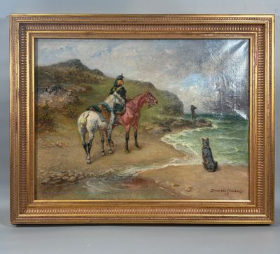 painting of two men on horses and a dog on a beach