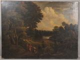 une peinture à l'huile représentant un paysage boisé avec des personnages au premier plan