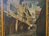 une peinture à l'huile représentant une scène de rue avec du linge suspendu à une corde à linge