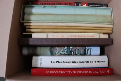 plusieurs livres empilés dans une boîte
