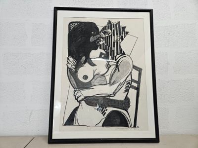a black and white drawing of a woman sitting on a chair