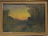 une peinture à l'huile représentant un coucher de soleil sur une rivière, avec des arbres au premier plan