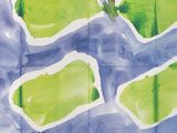 abstract watercolor painting of green and blue squares on a white background