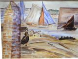 a painting of a woman sitting on the beach by the water