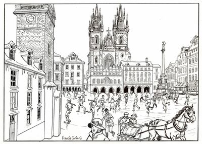 une image représentant un dessin d'une calèche devant un bâtiment