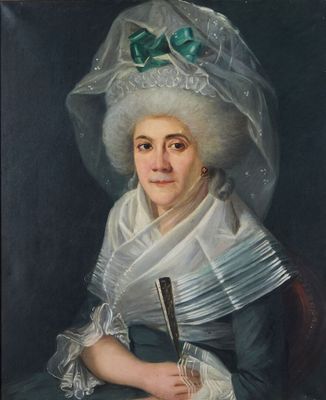 portrait of a woman in a white hat with a green bow