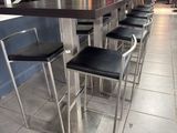 une rangée de tabourets de bar en cuir noir alignés devant le comptoir d'un restaurant