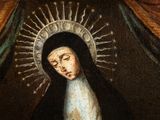 a painting of a woman holding a rosary in her hands