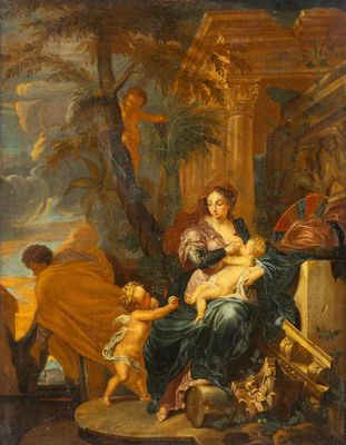 une peinture à l'huile représentant une femme tenant un enfant sur ses genoux