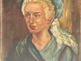 painting of a woman in a blue hat and green dress