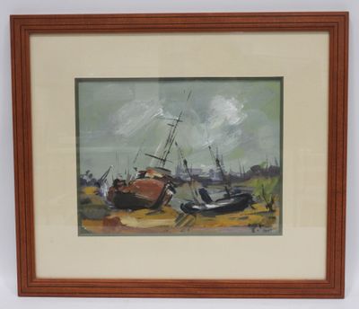 tableau représentant un bateau sur l'eau, avec le ciel en arrière-plan