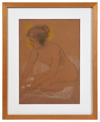 an image of a drawing of a nude woman sitting on a bed