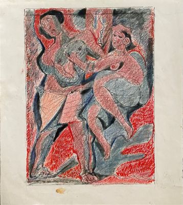 an image of a drawing of two women in a red and blue dress